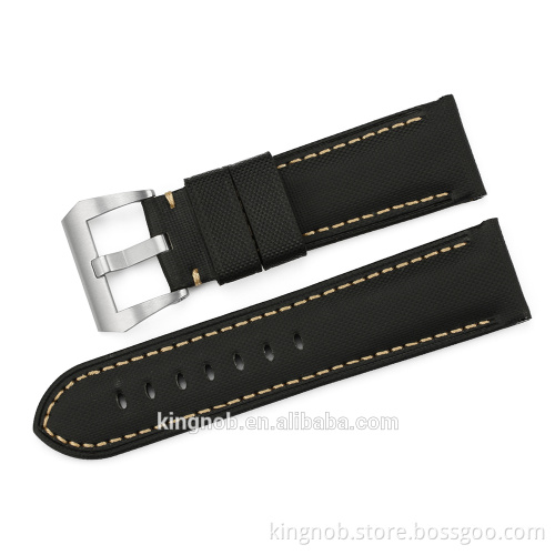24mm Fabric Canvas Genuine Leather Watch Band Strap Pre-V Tang Buckle Style Padded Belt Strap